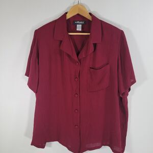 SAG HARBOR Maroon Button Down Shirt Size 1X Crepe Rayon Short Sleeve 90s